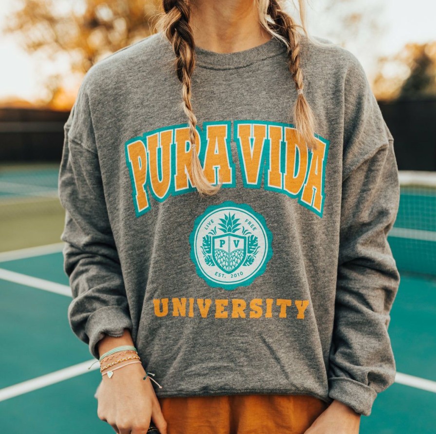 Clothing * | Best Reviews Of Pura Vida Bracelets Trending On Tiktok Pv University Oversized Crew Fleece Heather Grey