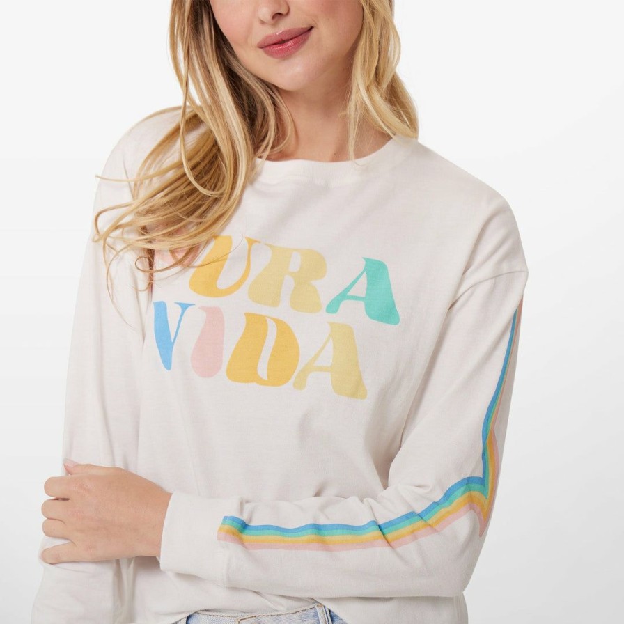 Clothing * | Budget Pura Vida Bracelets Rainbow Wave Long Sleeve Boxy Tee Vintage White