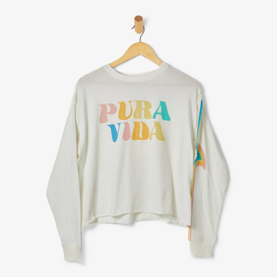 Clothing * | Budget Pura Vida Bracelets Rainbow Wave Long Sleeve Boxy Tee Vintage White