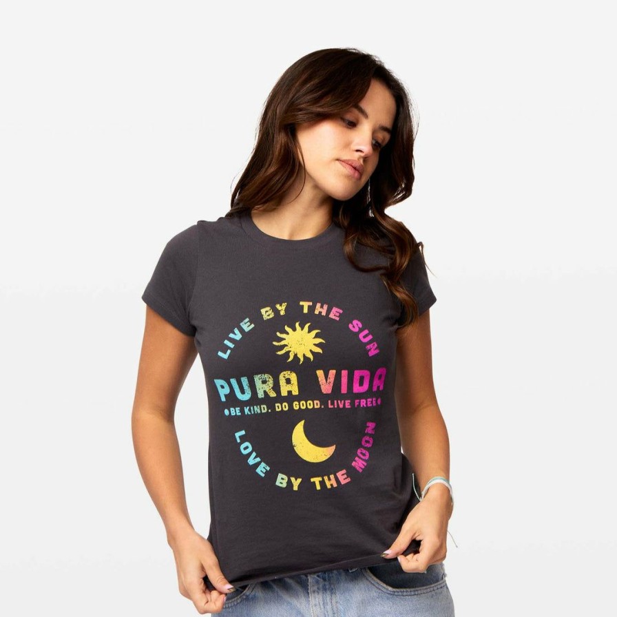 Clothing * | Best Deal Pura Vida Bracelets Live By The Sun Fitted Tee Best Sellers Vintage Black