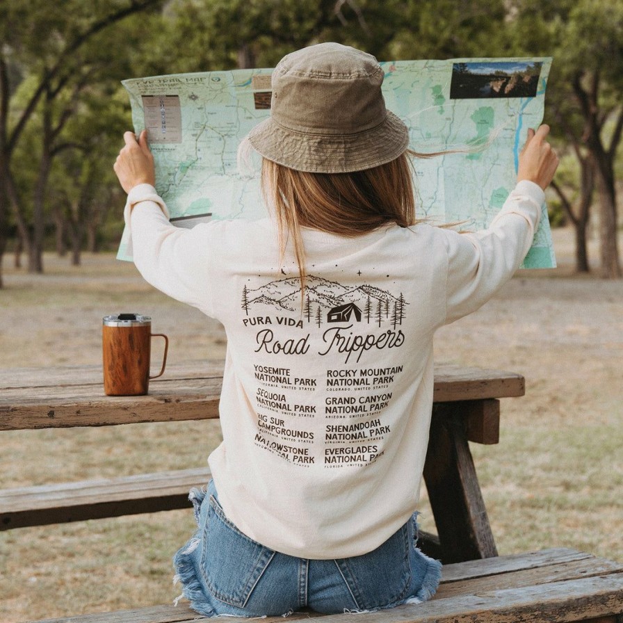 Clothing * | Deals Pura Vida Bracelets Us Road Trip Long Sleeve Crew Tee Clothing Sand