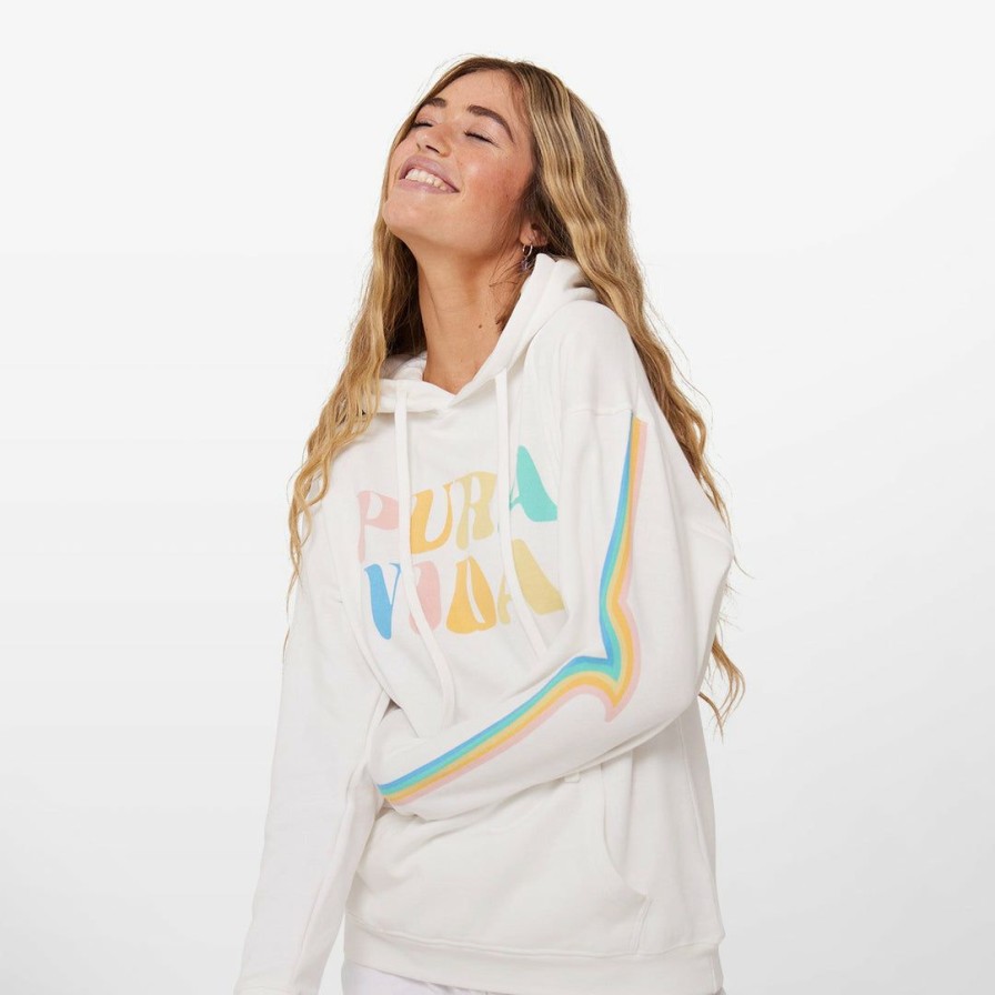 Clothing * | Buy Pura Vida Bracelets Pura Vida Rainbow Wave Hoodie Best Sellers Vintage White