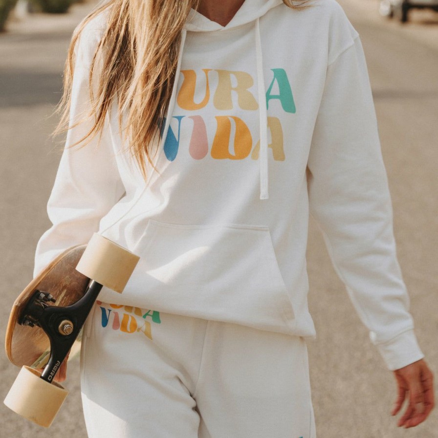 Clothing * | Buy Pura Vida Bracelets Pura Vida Rainbow Wave Hoodie Best Sellers Vintage White